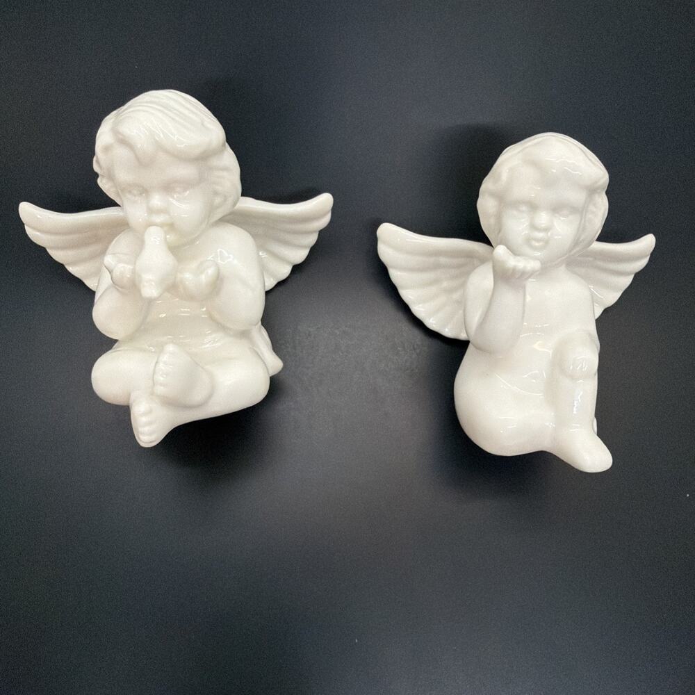 Vintage Porcelain Cherub Angel Bird Salt and Pepper Shakers White Shelf Sitters